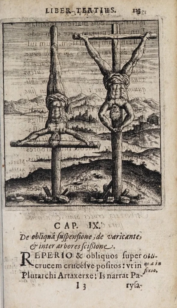 An illustration from Iusti LipsI De cruce libri tres : ad sacram profanámq[ue] historiam utiles : vnà cum notis : accessit è praelectionibus GeorgI Calixti De verâ formâ crucis appendix : et GeorgI Cassandri in eamdem rem epistola, 1640, leaf 133