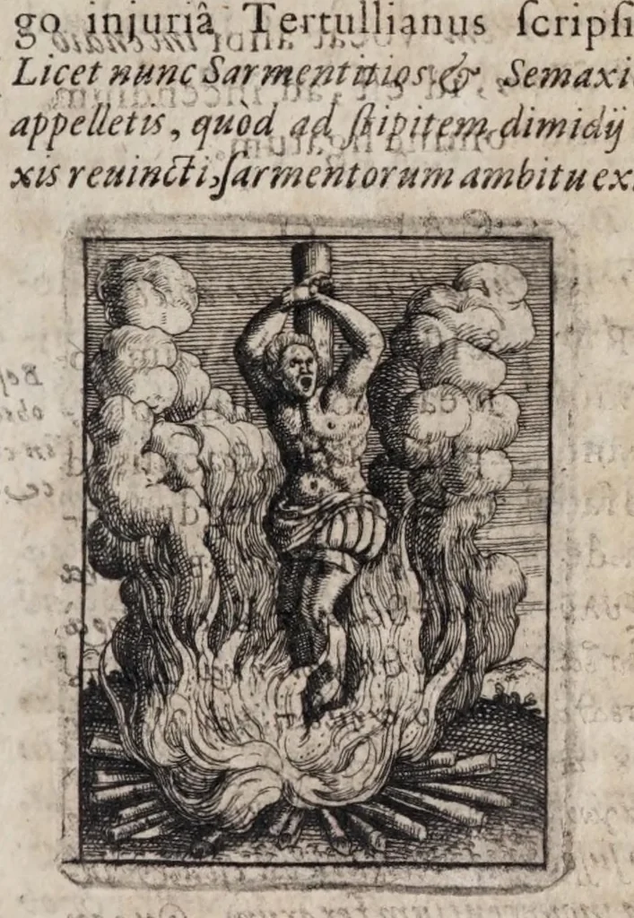 An illustration from Iusti LipsI De cruce libri tres : ad sacram profanámq[ue] historiam utiles : vnà cum notis : accessit è praelectionibus GeorgI Calixti De verâ formâ crucis appendix : et GeorgI Cassandri in eamdem rem epistola, 1640, leaf 137