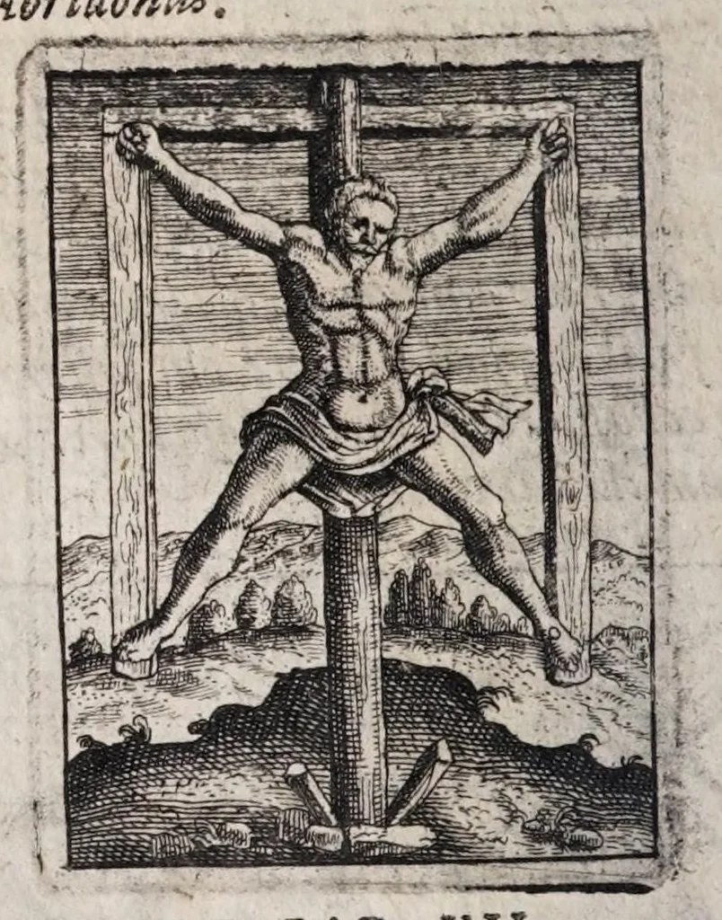 An illustration from Iusti LipsI De cruce libri tres : ad sacram profanámq[ue] historiam utiles : vnà cum notis : accessit è praelectionibus GeorgI Calixti De verâ formâ crucis appendix : et GeorgI Cassandri in eamdem rem epistola, 1640, leaf 202