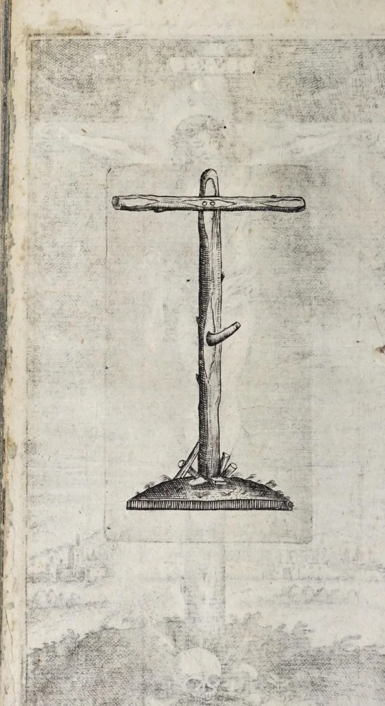 An illustration from Iusti LipsI De cruce libri tres : ad sacram profanámq[ue] historiam utiles : vnà cum notis : accessit è praelectionibus GeorgI Calixti De verâ formâ crucis appendix : et GeorgI Cassandri in eamdem rem epistola, 1640, leaf 240
