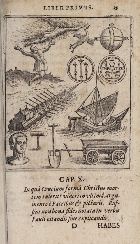 An illustration from Iusti LipsI De cruce libri tres : ad sacram profanámq[ue] historiam utiles : vnà cum notis : accessit è praelectionibus GeorgI Calixti De verâ formâ crucis appendix : et GeorgI Cassandri in eamdem rem epistola, 1640, leaf 49