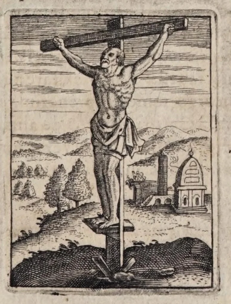 An illustration from Iusti LipsI De cruce libri tres : ad sacram profanámq[ue] historiam utiles : vnà cum notis : accessit è praelectionibus GeorgI Calixti De verâ formâ crucis appendix : et GeorgI Cassandri in eamdem rem epistola, 1640, leaf 93