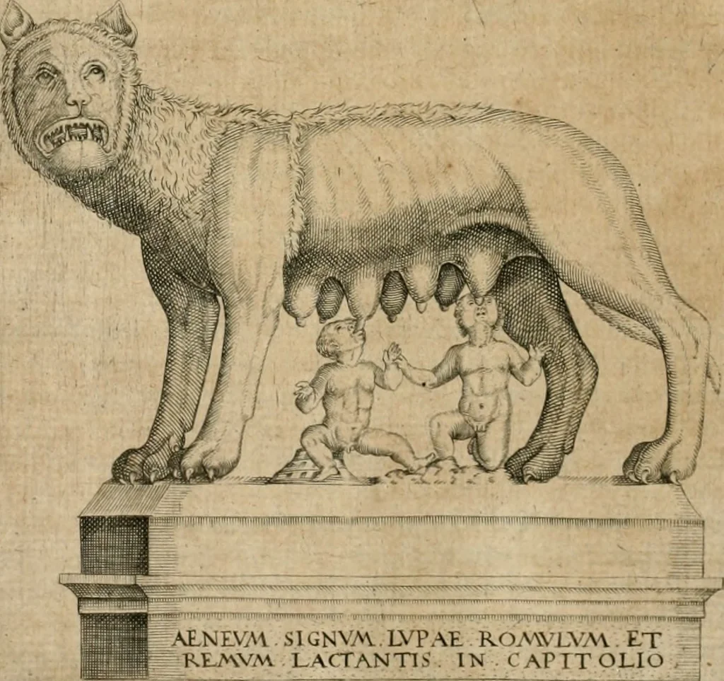 An illustration from Iusti RycquI De Capitolio Romano commentarius. In quo, illustria eius olim aedificia, sacra & profana: deorum dearumq[ue] nomina: arcus item triumphales, columnae, statuae, tropaea, colossi, caeteraque ornamenta adcuratè describuntur: & plura alia antiquitatis monimenta proferuntur, emendantur, explicantur, 1617, leaf 117