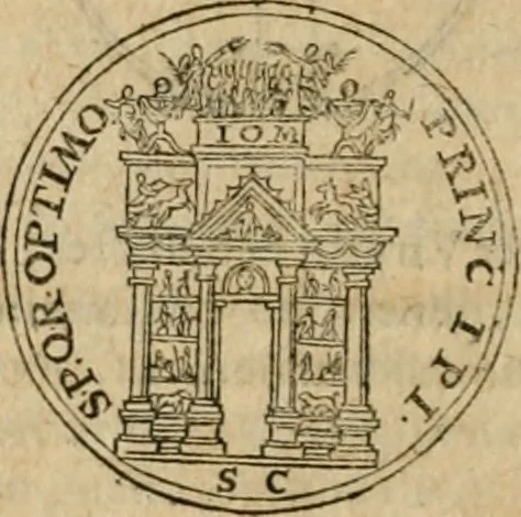 An illustration from Iusti RycquI De Capitolio Romano commentarius. In quo, illustria eius olim aedificia, sacra & profana: deorum dearumq[ue] nomina: arcus item triumphales, columnae, statuae, tropaea, colossi, caeteraque ornamenta adcuratè describuntur: & plura alia antiquitatis monimenta proferuntur, emendantur, explicantur, 1617, leaf 147