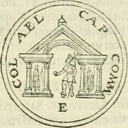 An illustration from Iusti RycquI De Capitolio Romano commentarius. In quo, illustria eius olim aedificia, sacra & profana: deorum dearumq[ue] nomina: arcus item triumphales, columnae, statuae, tropaea, colossi, caeteraque ornamenta adcuratè describuntur: & plura alia antiquitatis monimenta proferuntur, emendantur, explicantur, 1617, leaf 200