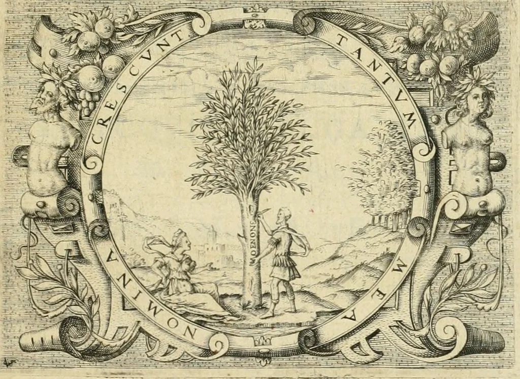 An illustration from Iusti RycquI De Capitolio Romano commentarius. In quo, illustria eius olim aedificia, sacra & profana: deorum dearumq[ue] nomina: arcus item triumphales, columnae, statuae, tropaea, colossi, caeteraque ornamenta adcuratè describuntur: & plura alia antiquitatis monimenta proferuntur, emendantur, explicantur, 1617, leaf 6