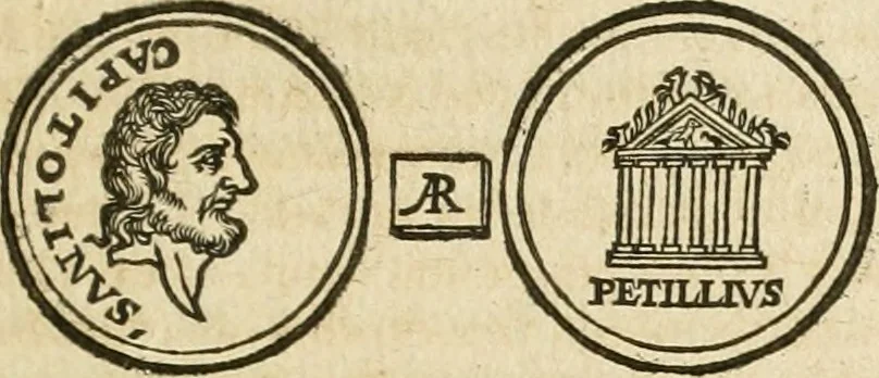 An illustration from Iusti RycquI De Capitolio Romano commentarius. In quo, illustria eius olim aedificia, sacra & profana: deorum dearumq[ue] nomina: arcus item triumphales, columnae, statuae, tropaea, colossi, caeteraque ornamenta adcuratè describuntur: & plura alia antiquitatis monimenta proferuntur, emendantur, explicantur, 1617, leaf 66