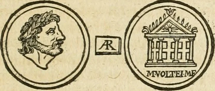 An illustration from Iusti RycquI De Capitolio Romano commentarius. In quo, illustria eius olim aedificia, sacra & profana: deorum dearumq[ue] nomina: arcus item triumphales, columnae, statuae, tropaea, colossi, caeteraque ornamenta adcuratè describuntur: & plura alia antiquitatis monimenta proferuntur, emendantur, explicantur, 1617, leaf 66