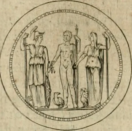 An illustration from Iusti RycquI De Capitolio Romano commentarius. In quo, illustria eius olim aedificia, sacra & profana: deorum dearumq[ue] nomina: arcus item triumphales, columnae, statuae, tropaea, colossi, caeteraque ornamenta adcuratè describuntur: & plura alia antiquitatis monimenta proferuntur, emendantur, explicantur, 1617, leaf 73