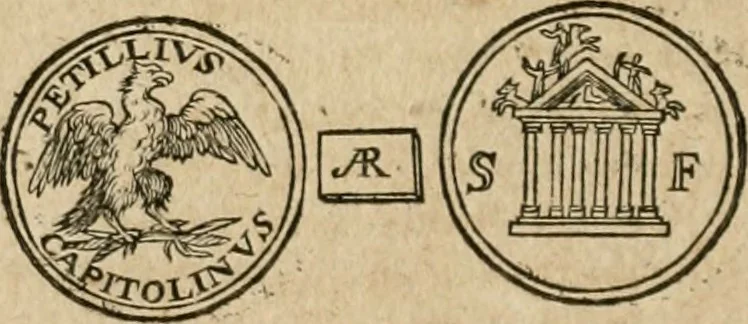 An illustration from Iusti RycquI De Capitolio Romano commentarius. In quo, illustria eius olim aedificia, sacra & profana: deorum dearumq[ue] nomina: arcus item triumphales, columnae, statuae, tropaea, colossi, caeteraque ornamenta adcuratè describuntur: & plura alia antiquitatis monimenta proferuntur, emendantur, explicantur, 1617, leaf 81