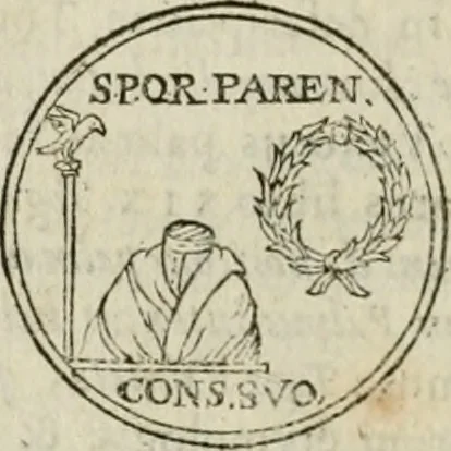 An illustration from Iusti RycquI De Capitolio Romano commentarius. In quo, illustria eius olim aedificia, sacra & profana: deorum dearumq[ue] nomina: arcus item triumphales, columnae, statuae, tropaea, colossi, caeteraque ornamenta adcuratè describuntur: & plura alia antiquitatis monimenta proferuntur, emendantur, explicantur, 1617, leaf 97
