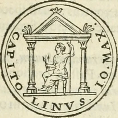 An illustration from Iusti RycquI De Capitolio Romano commentarius. In quo, illustria eius olim aedificia, sacra & profana: deorum dearumq[ue] nomina: arcus item triumphales, columnae, statuae, tropaea, colossi, caeteraque ornamenta adcuratè describuntur: & plura alia antiquitatis monimenta proferuntur, emendantur, explicantur, 1617, leaf 98