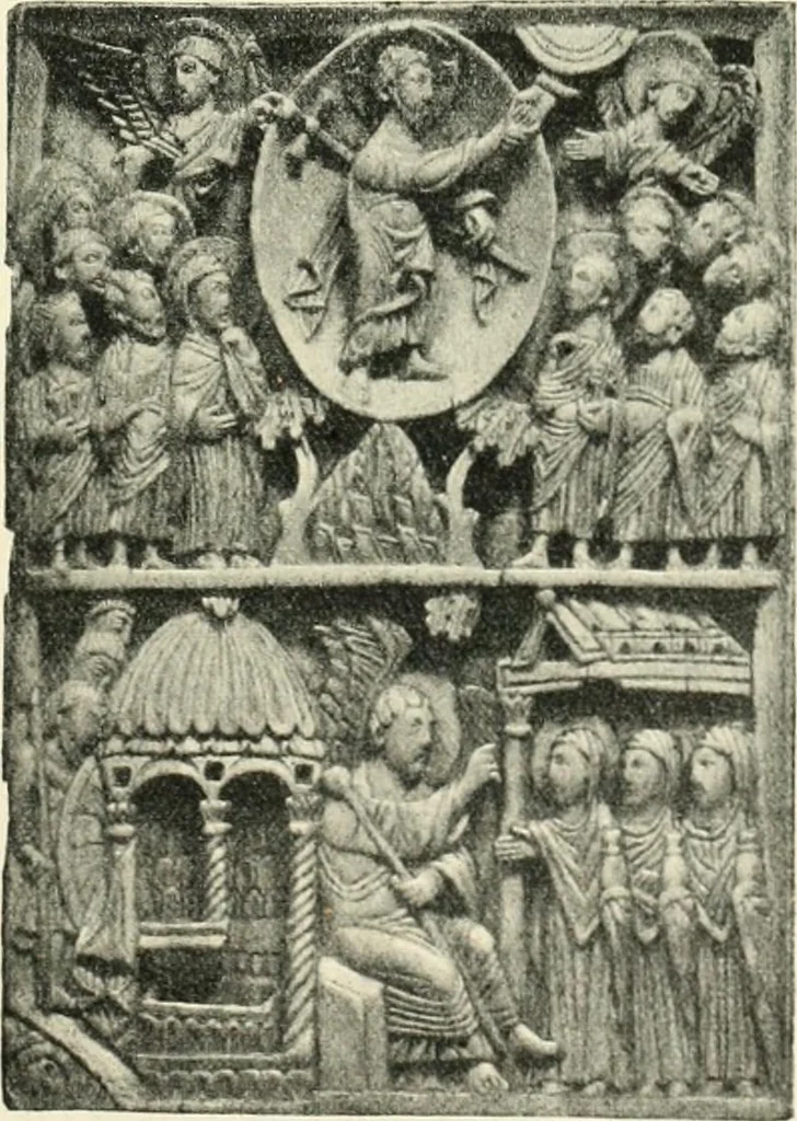An illustration from Catalogue of the ivory carvings of the Christian era with examples of Mohammedan art and carvings in bone in the Department of British and Mediaeval Antiquities and Ethnography of the British Museum, 1909, leaf 102
