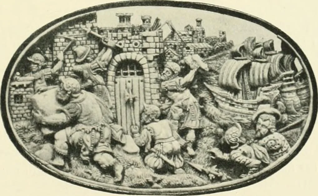 An illustration from Catalogue of the ivory carvings of the Christian era with examples of Mohammedan art and carvings in bone in the Department of British and Mediaeval Antiquities and Ethnography of the British Museum, 1909, leaf 216