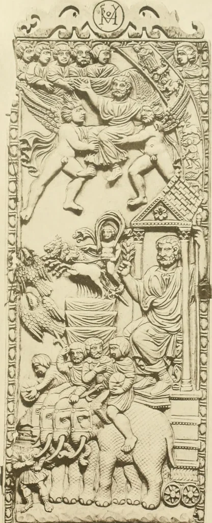 An illustration from Catalogue of the ivory carvings of the Christian era with examples of Mohammedan art and carvings in bone in the Department of British and Mediaeval Antiquities and Ethnography of the British Museum, 1909, leaf 250