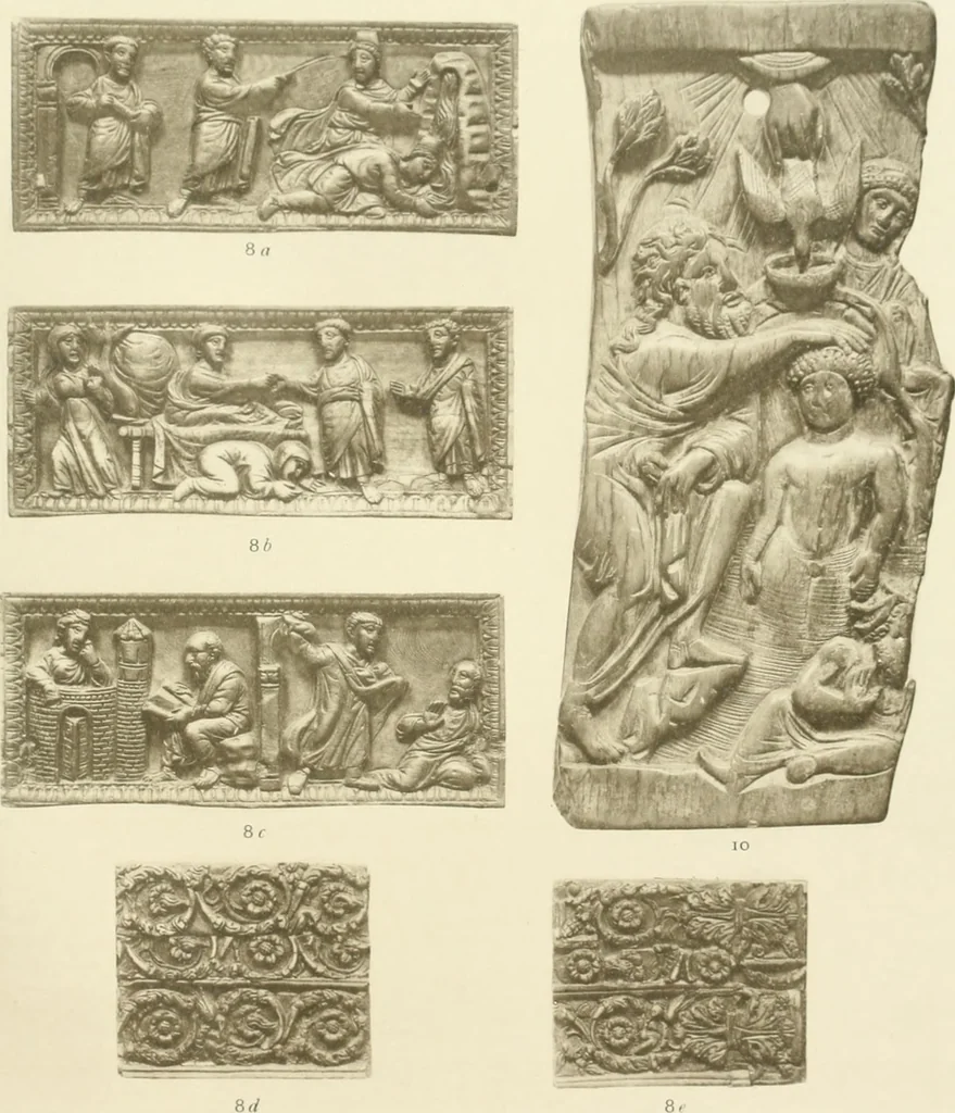 An illustration from Catalogue of the ivory carvings of the Christian era with examples of Mohammedan art and carvings in bone in the Department of British and Mediaeval Antiquities and Ethnography of the British Museum, 1909, leaf 258