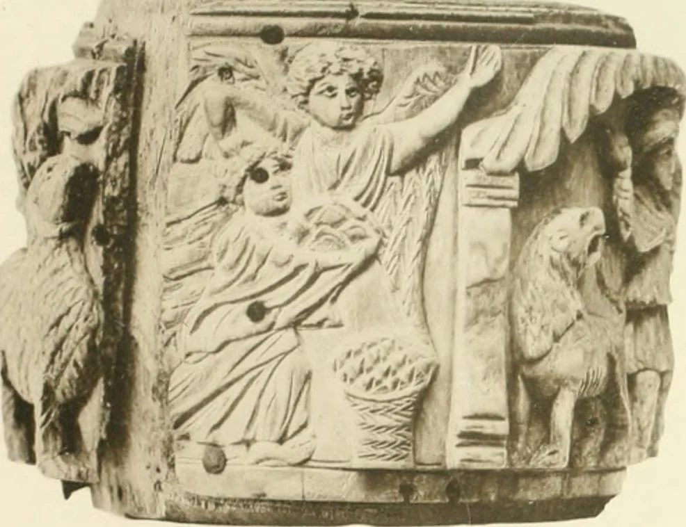 An illustration from Catalogue of the ivory carvings of the Christian era with examples of Mohammedan art and carvings in bone in the Department of British and Mediaeval Antiquities and Ethnography of the British Museum, 1909, leaf 264