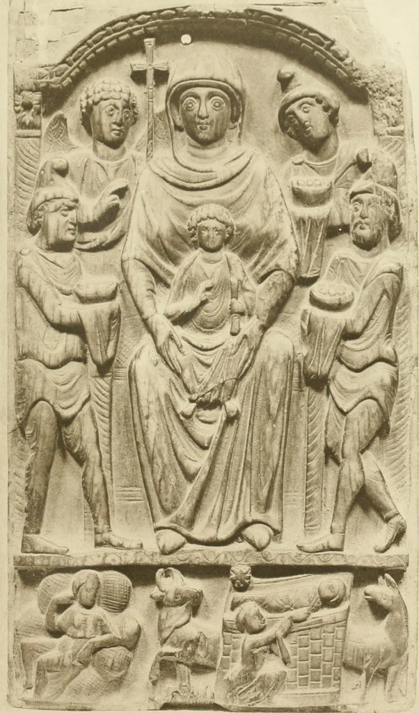 An illustration from Catalogue of the ivory carvings of the Christian era with examples of Mohammedan art and carvings in bone in the Department of British and Mediaeval Antiquities and Ethnography of the British Museum, 1909, leaf 266