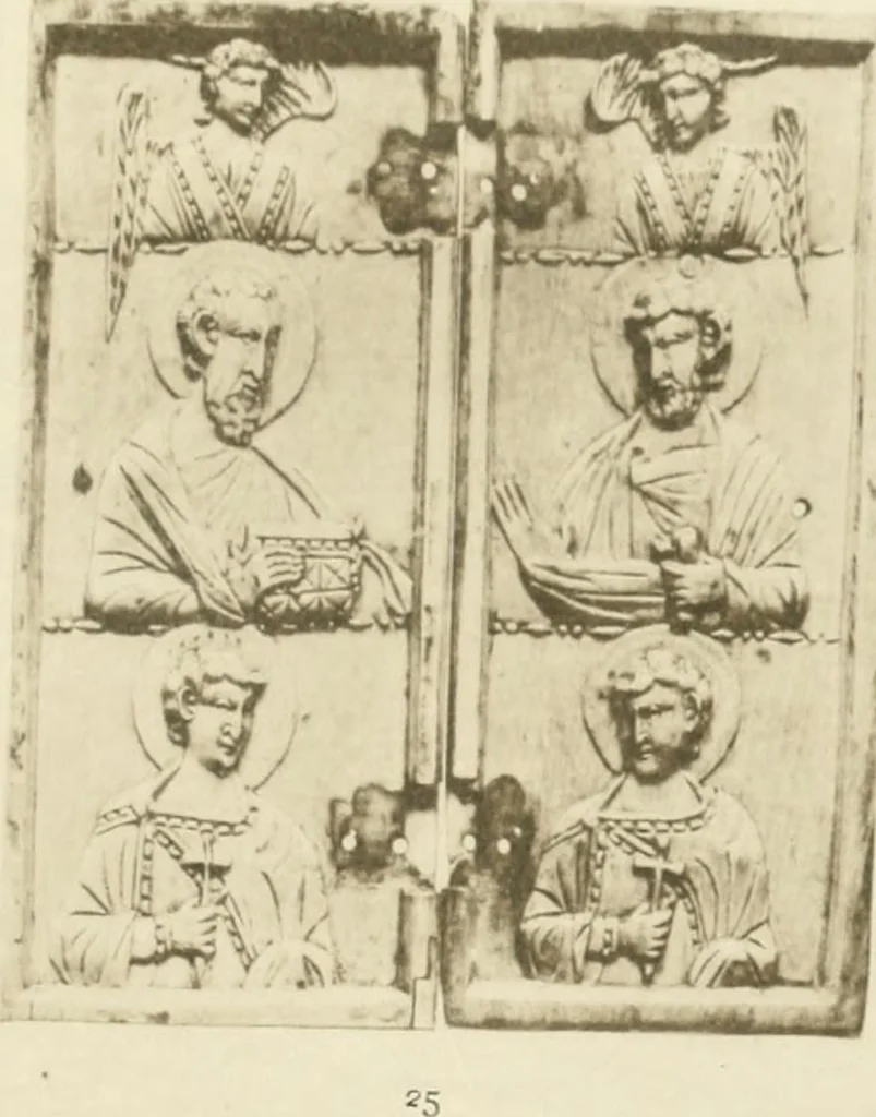 An illustration from Catalogue of the ivory carvings of the Christian era with examples of Mohammedan art and carvings in bone in the Department of British and Mediaeval Antiquities and Ethnography of the British Museum, 1909, leaf 276