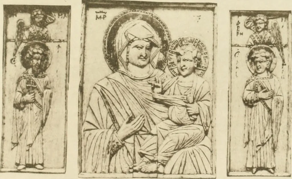 An illustration from Catalogue of the ivory carvings of the Christian era with examples of Mohammedan art and carvings in bone in the Department of British and Mediaeval Antiquities and Ethnography of the British Museum, 1909, leaf 276