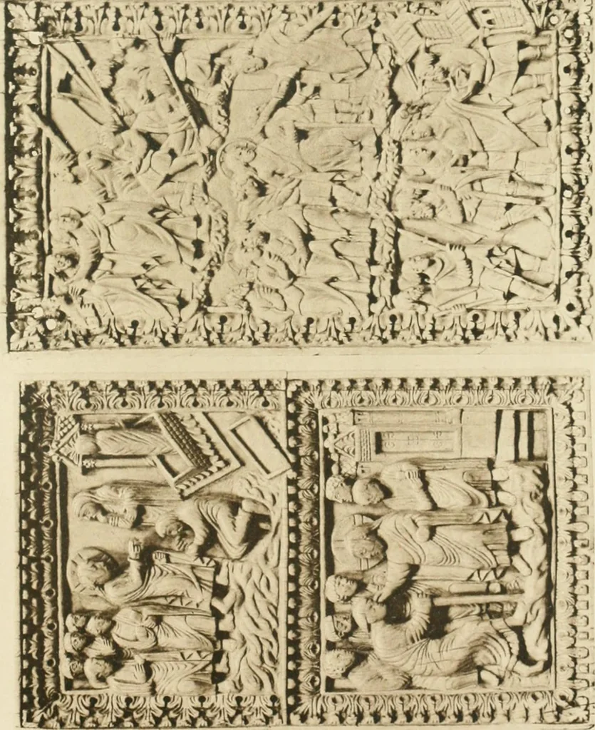 An illustration from Catalogue of the ivory carvings of the Christian era with examples of Mohammedan art and carvings in bone in the Department of British and Mediaeval Antiquities and Ethnography of the British Museum, 1909, leaf 296