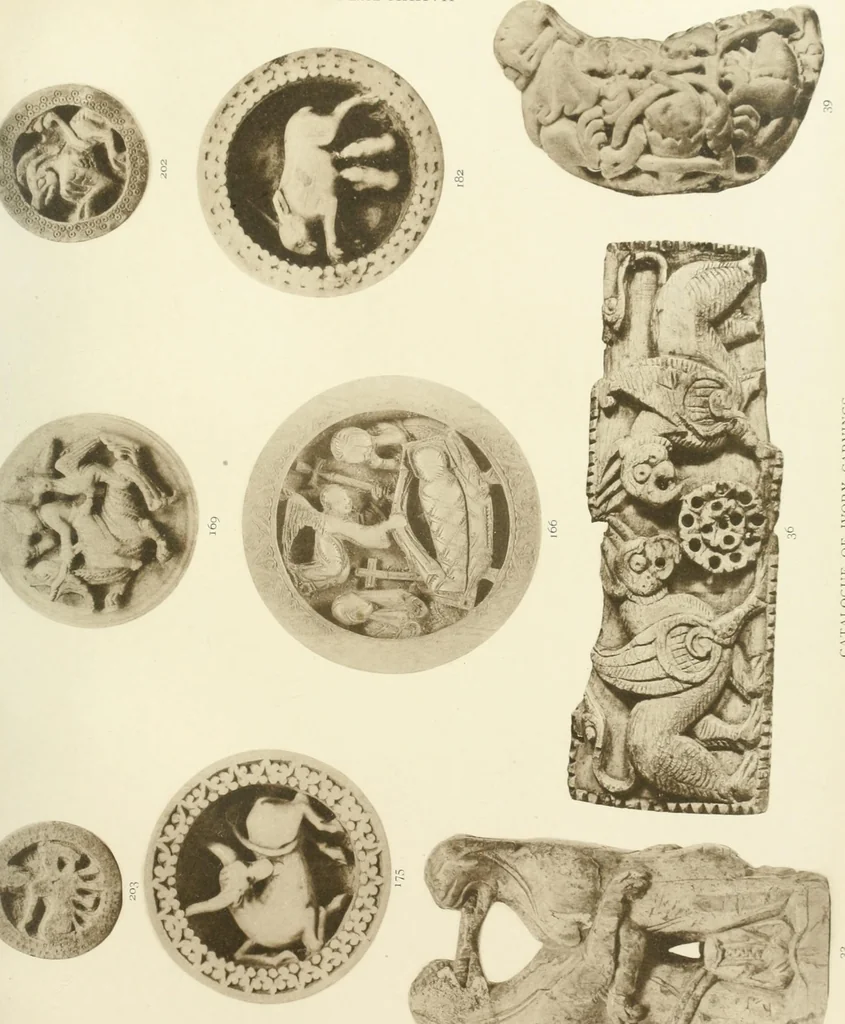 An illustration from Catalogue of the ivory carvings of the Christian era with examples of Mohammedan art and carvings in bone in the Department of British and Mediaeval Antiquities and Ethnography of the British Museum, 1909, leaf 322