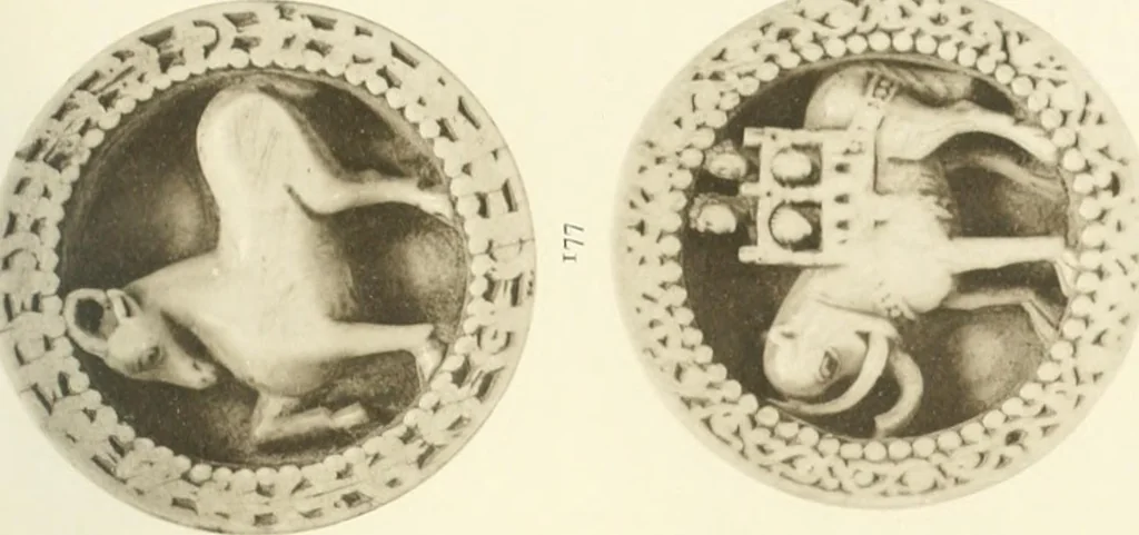 An illustration from Catalogue of the ivory carvings of the Christian era with examples of Mohammedan art and carvings in bone in the Department of British and Mediaeval Antiquities and Ethnography of the British Museum, 1909, leaf 348