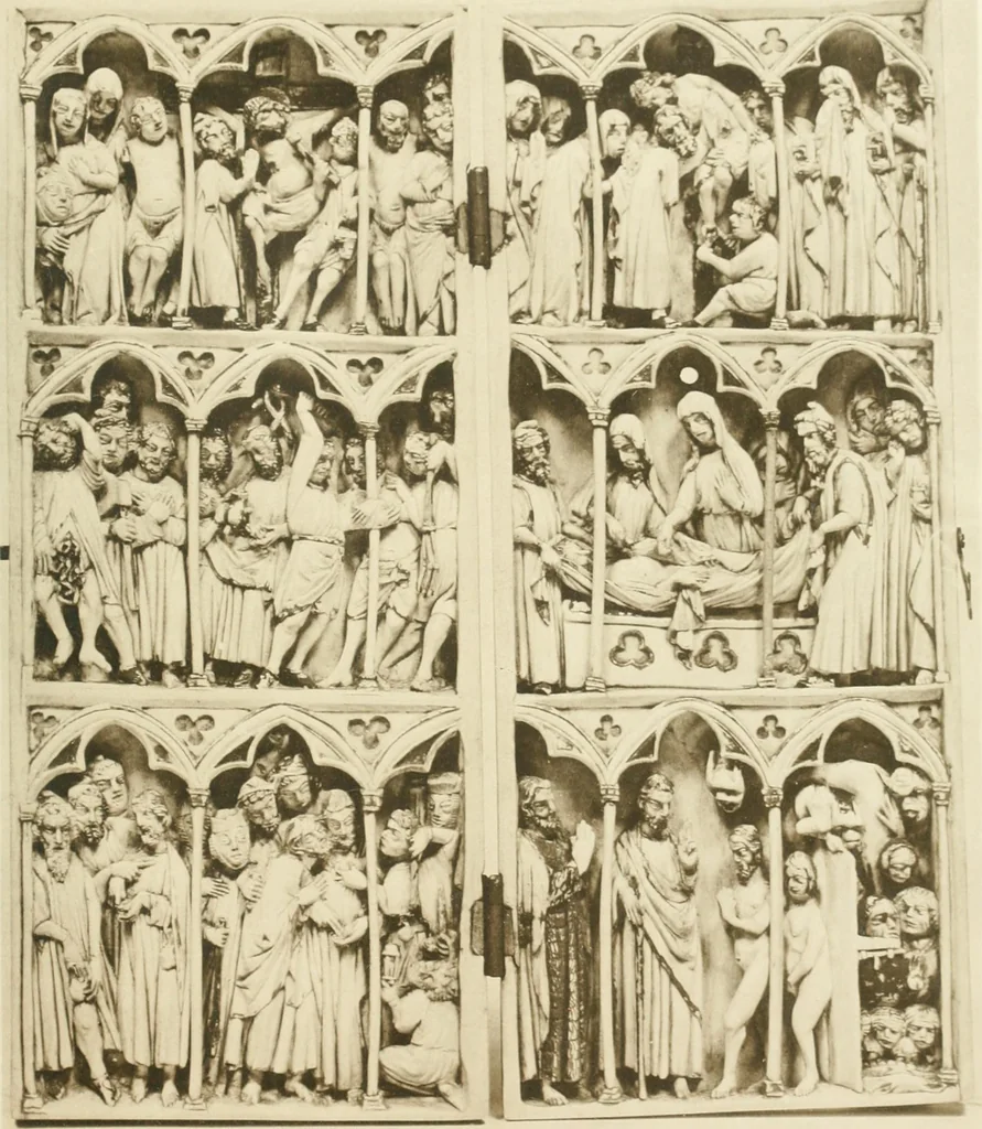 An illustration from Catalogue of the ivory carvings of the Christian era with examples of Mohammedan art and carvings in bone in the Department of British and Mediaeval Antiquities and Ethnography of the British Museum, 1909, leaf 374