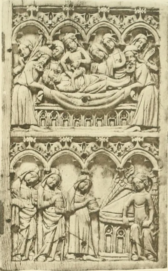 An illustration from Catalogue of the ivory carvings of the Christian era with examples of Mohammedan art and carvings in bone in the Department of British and Mediaeval Antiquities and Ethnography of the British Museum, 1909, leaf 378