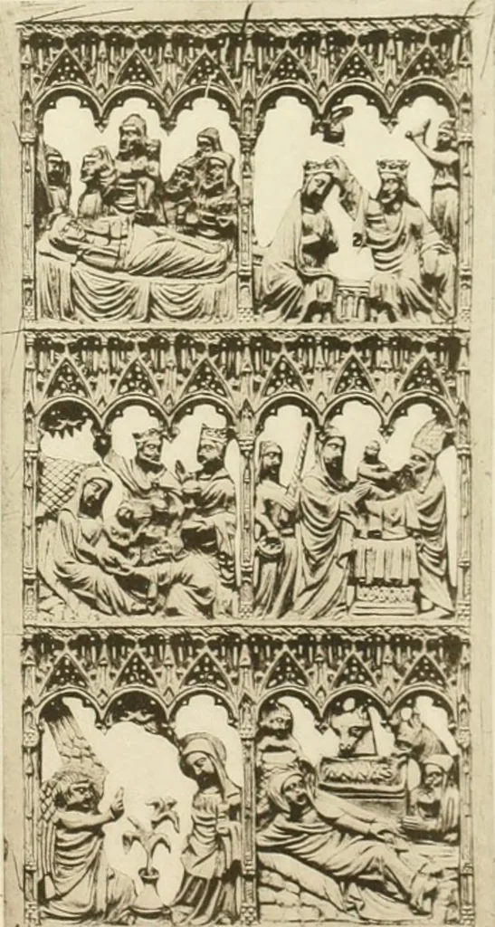 An illustration from Catalogue of the ivory carvings of the Christian era with examples of Mohammedan art and carvings in bone in the Department of British and Mediaeval Antiquities and Ethnography of the British Museum, 1909, leaf 388