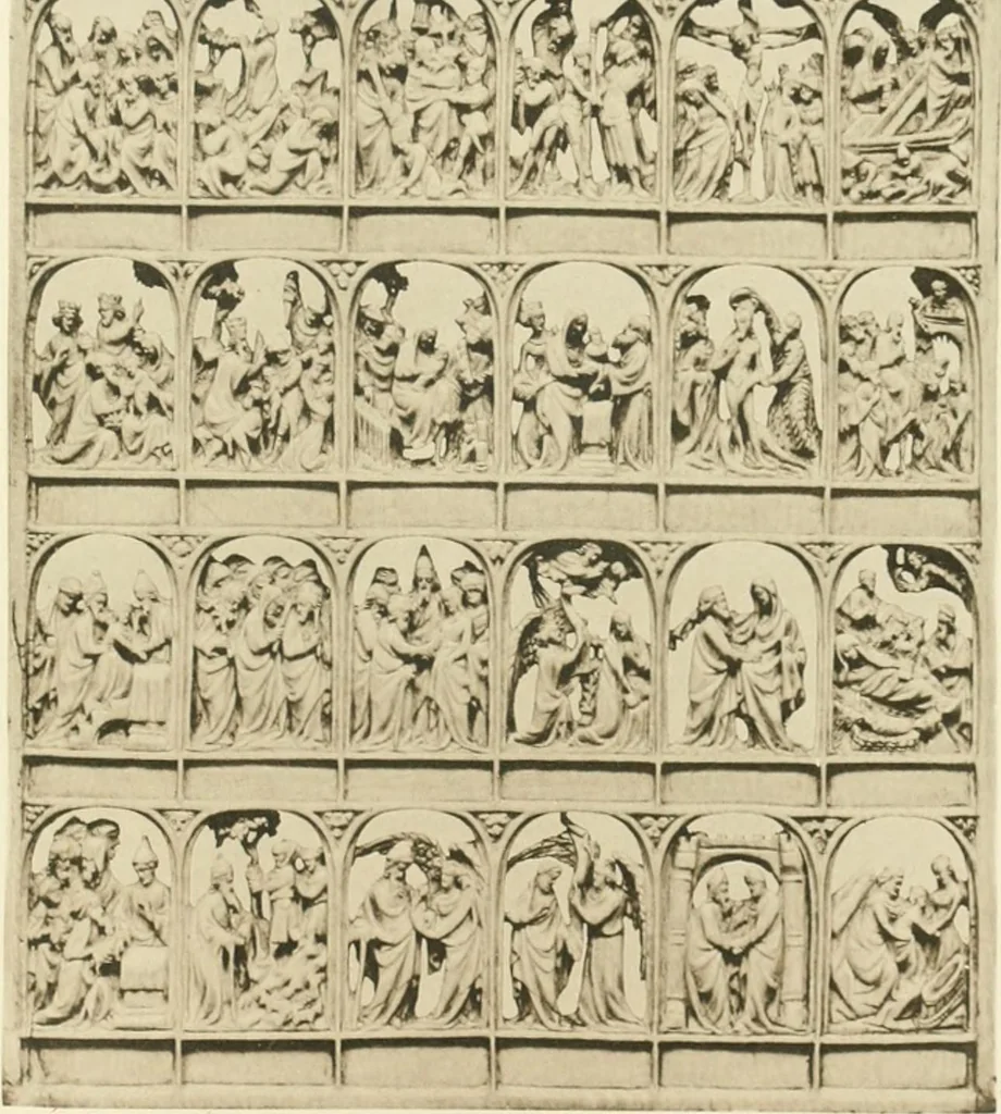 An illustration from Catalogue of the ivory carvings of the Christian era with examples of Mohammedan art and carvings in bone in the Department of British and Mediaeval Antiquities and Ethnography of the British Museum, 1909, leaf 390