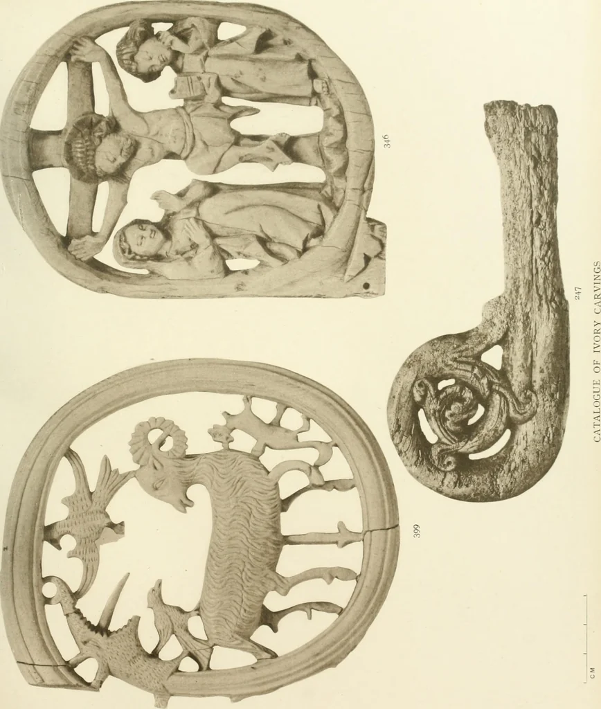 An illustration from Catalogue of the ivory carvings of the Christian era with examples of Mohammedan art and carvings in bone in the Department of British and Mediaeval Antiquities and Ethnography of the British Museum, 1909, leaf 408
