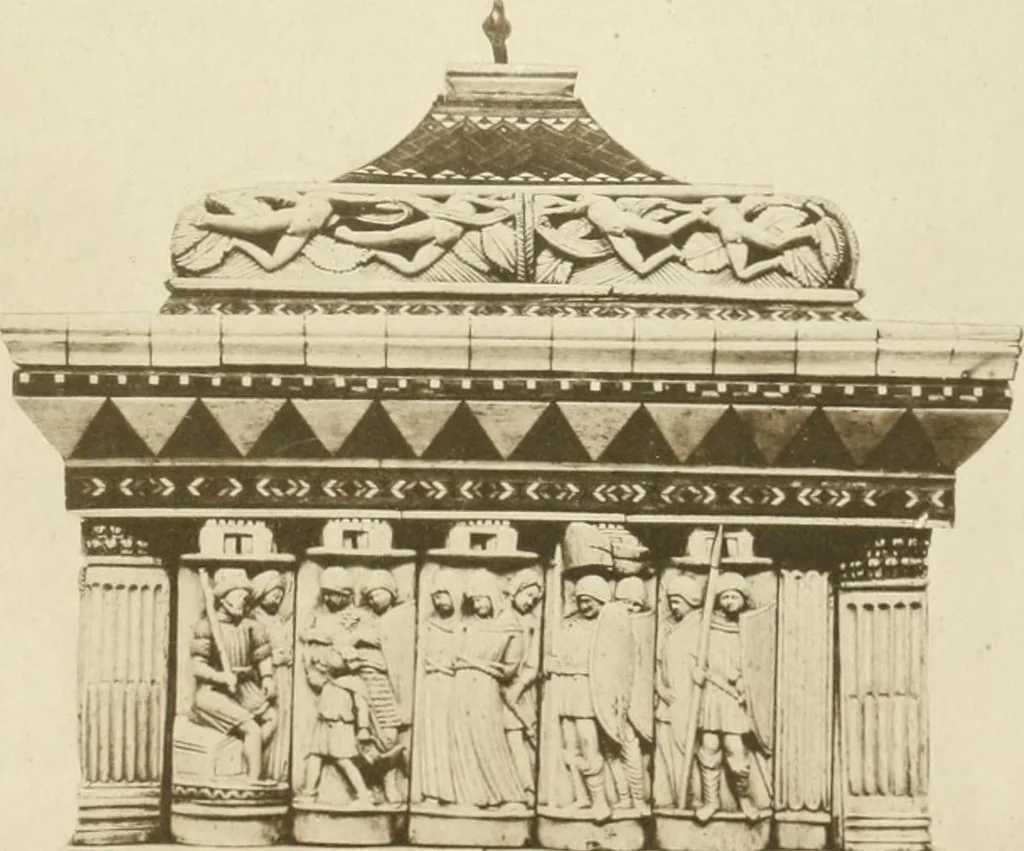 An illustration from Catalogue of the ivory carvings of the Christian era with examples of Mohammedan art and carvings in bone in the Department of British and Mediaeval Antiquities and Ethnography of the British Museum, 1909, leaf 448