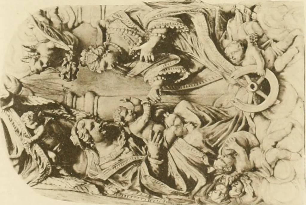An illustration from Catalogue of the ivory carvings of the Christian era with examples of Mohammedan art and carvings in bone in the Department of British and Mediaeval Antiquities and Ethnography of the British Museum, 1909, leaf 474