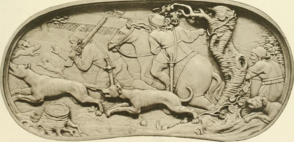 An illustration from Catalogue of the ivory carvings of the Christian era with examples of Mohammedan art and carvings in bone in the Department of British and Mediaeval Antiquities and Ethnography of the British Museum, 1909, leaf 478