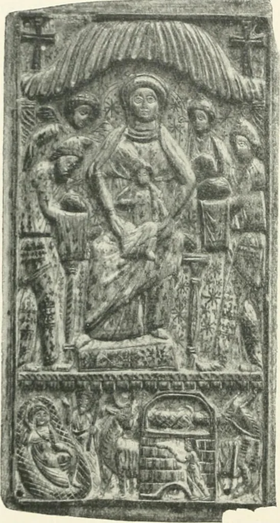An illustration from Catalogue of the ivory carvings of the Christian era with examples of Mohammedan art and carvings in bone in the Department of British and Mediaeval Antiquities and Ethnography of the British Museum, 1909, leaf 53