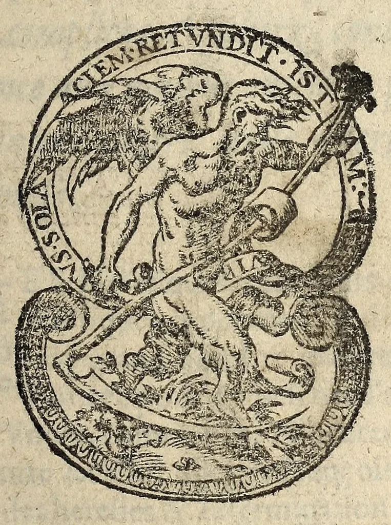 An illustration from Ivstification de la gverre entreprise, commencee et povrsvivie sovz la conduicte de tres-valeureux & debonnaire Prince Monseigneur le Duc de Mayenne. Par les Catholiques de la France contre les heretiques leurs defenseurs, fauteurs, complices & alliez, contenant responce aux raisons amenees par les Politiques contre icelle guerre & entreprise., 1589, leaf 1