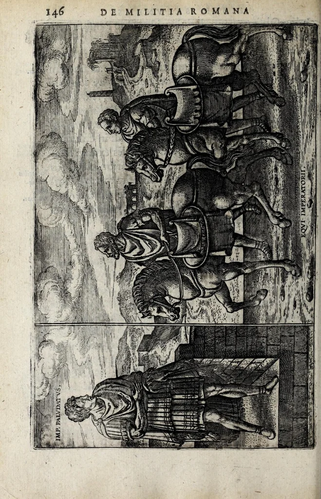 An illustration from Ivsti LipsI De militia romana libri qvinqve : commentarivs ad Polybivm, e parte primâ Historicae facis, 1595, leaf 182