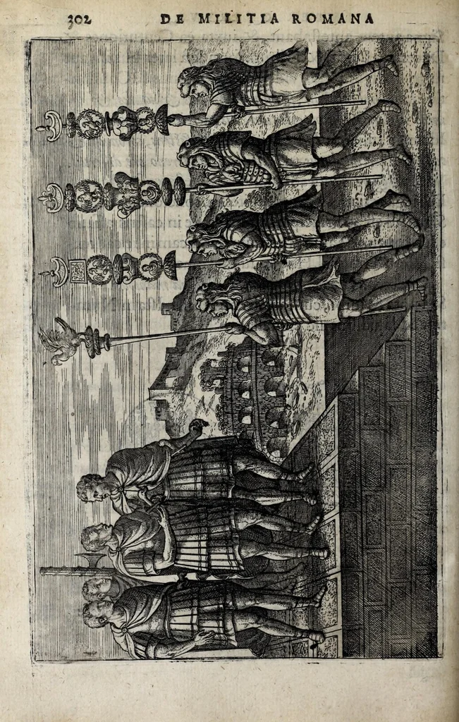 An illustration from Ivsti LipsI De militia romana libri qvinqve : commentarivs ad Polybivm, e parte primâ Historicae facis, 1595, leaf 352