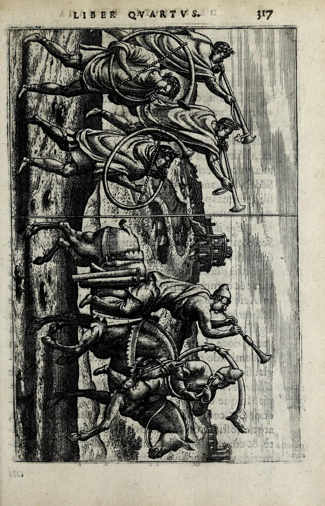An illustration from Ivsti LipsI De militia romana libri qvinqve : commentarivs ad Polybivm, e parte primâ Historicae facis, 1595, leaf 367