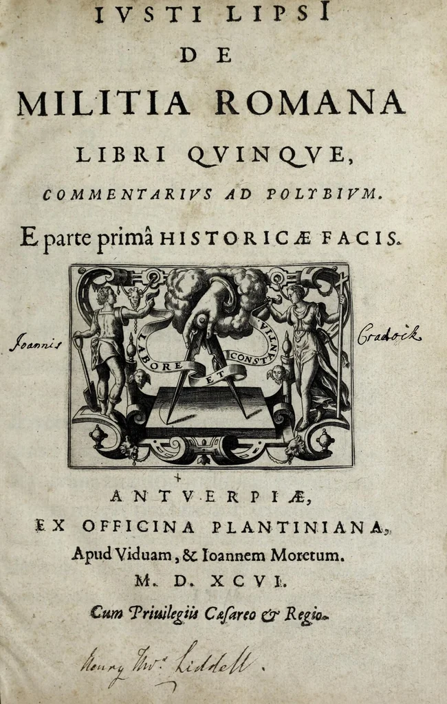 An illustration from Ivsti LipsI De militia romana libri qvinqve : commentarivs ad Polybivm, e parte primâ Historicae facis, 1595, leaf 5