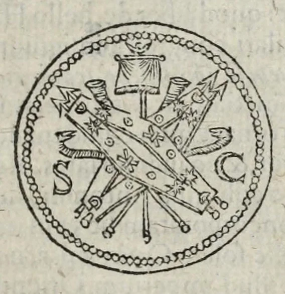 An illustration from Ivsti LipsI De militia romana libri qvinqve : commentarivs ad Polybivm, e parte primâ Historicae facis, 1595, leaf 667