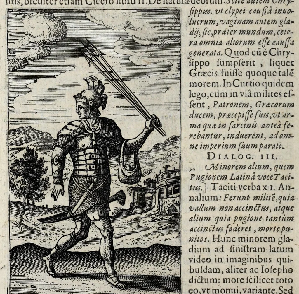 An illustration from Ivsti LipsI De militia romana libri qvinqve : commentarivs ad Polybivm, e parte primâ Historicae facis, 1595, leaf 670