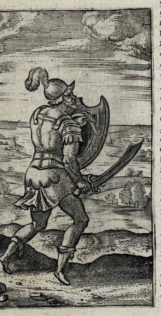 An illustration from Ivsti LipsI De militia romana libri qvinqve : commentarivs ad Polybivm, e parte primâ Historicae facis, 1595, leaf 673