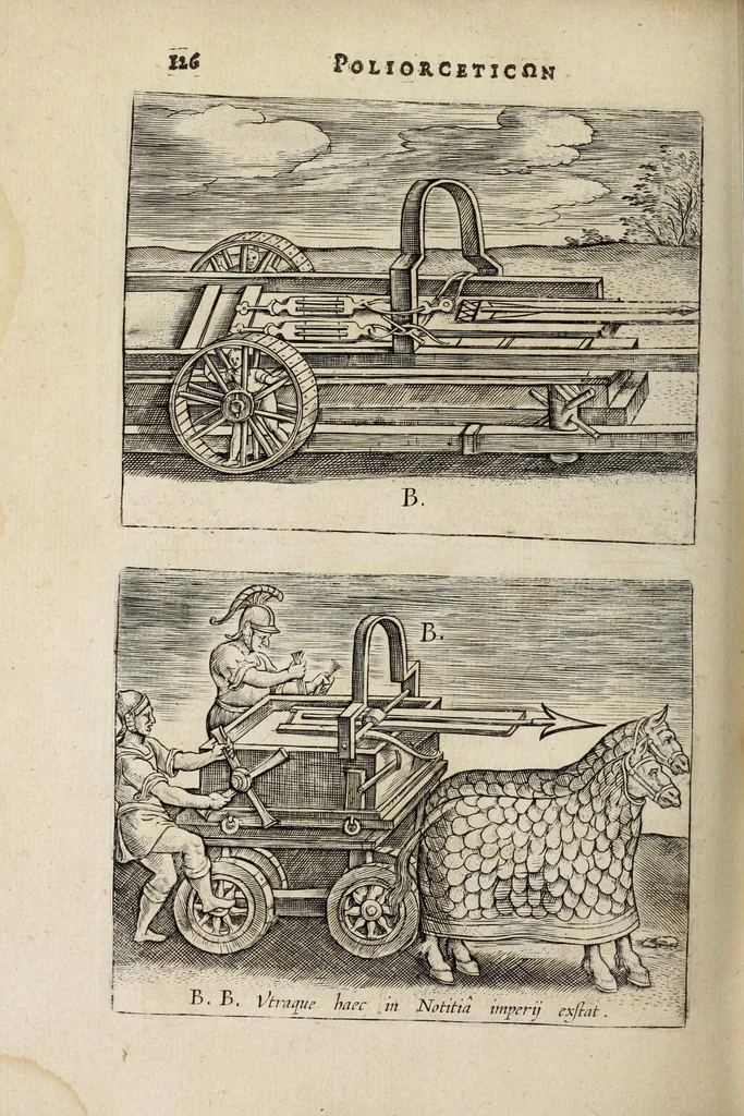 An illustration from Ivsti LipsI Poliorcetic[o]n, siue, De machinis, tormentis, telis, libri quinque : ad historiarum lucem, 1625, leaf 128