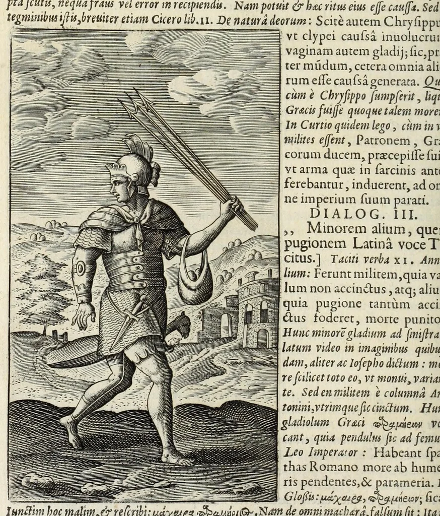 An illustration from Ivusti LipsI De militia Romana libri qvinqve : commentarivs ad Polybium, 1630, leaf 398