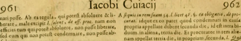 An illustration from Jacobi Cuiacii ic. praestantissimi Opera omnia in decem tomos distributa : quibus continentur tam priora, sive quæ ipse superstes edi curauit; quam posteriora, sive quae post obitum eius edita sunt, vel nunc primum prodeunt, 1658, leaf 505
