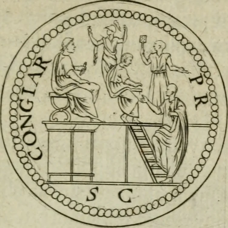 An illustration from Jac. Philippi Tomasini De tesseris hospitalitatis liber singularis : in quo jus hospitii universum, apud veteres potissimum, expenditur, 1670, leaf 112