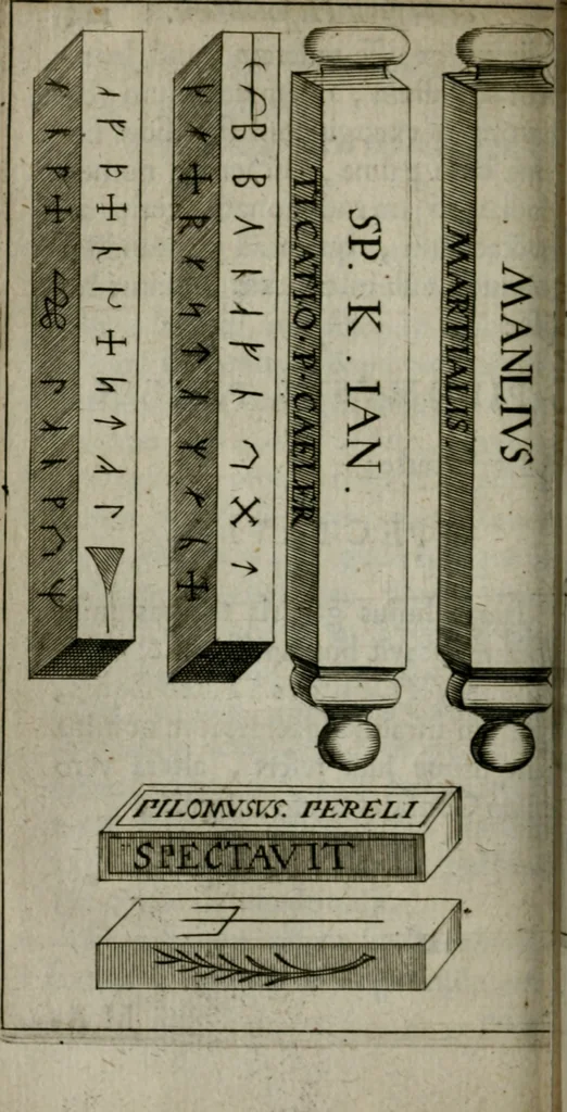 An illustration from Jac. Philippi Tomasini De tesseris hospitalitatis liber singularis : in quo jus hospitii universum, apud veteres potissimum, expenditur, 1670, leaf 127
