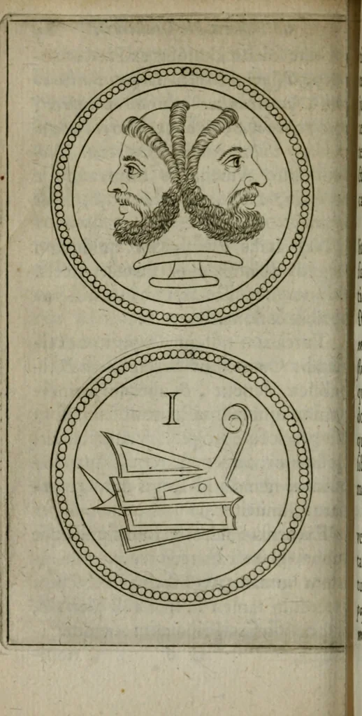An illustration from Jac. Philippi Tomasini De tesseris hospitalitatis liber singularis : in quo jus hospitii universum, apud veteres potissimum, expenditur, 1670, leaf 99